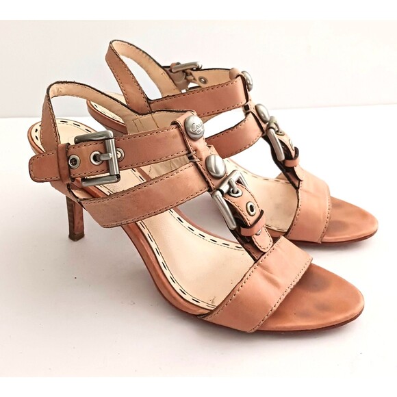 Coach T Strap Tan Leather Sandals Silver Buckle Studs Wood Stiletto Heel Sz 6.5 - Picture 3 of 10